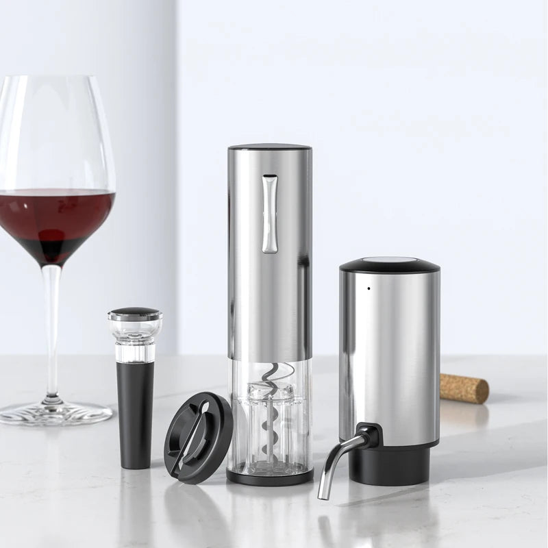Recarregável Electric Wine Opener Set, Abridor de garrafas para amantes do vinho, Decanter and Aerator, Aço inoxidável, 4 em 1