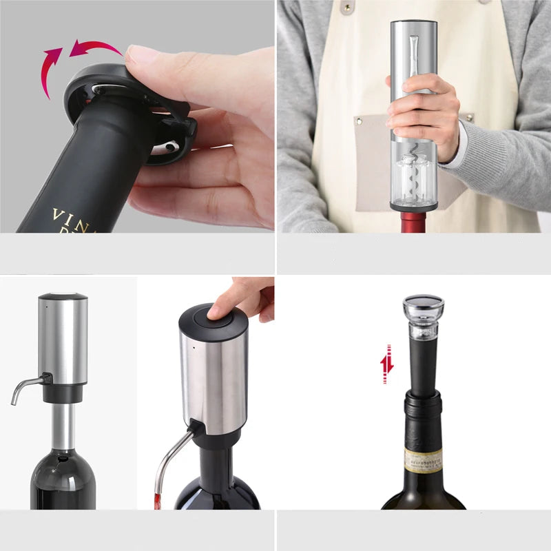 Recarregável Electric Wine Opener Set, Abridor de garrafas para amantes do vinho, Decanter and Aerator, Aço inoxidável, 4 em 1