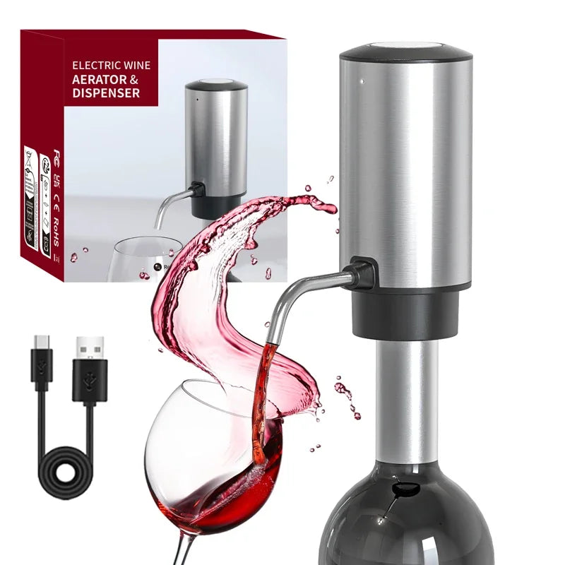 Recarregável Electric Wine Opener Set, Abridor de garrafas para amantes do vinho, Decanter and Aerator, Aço inoxidável, 4 em 1