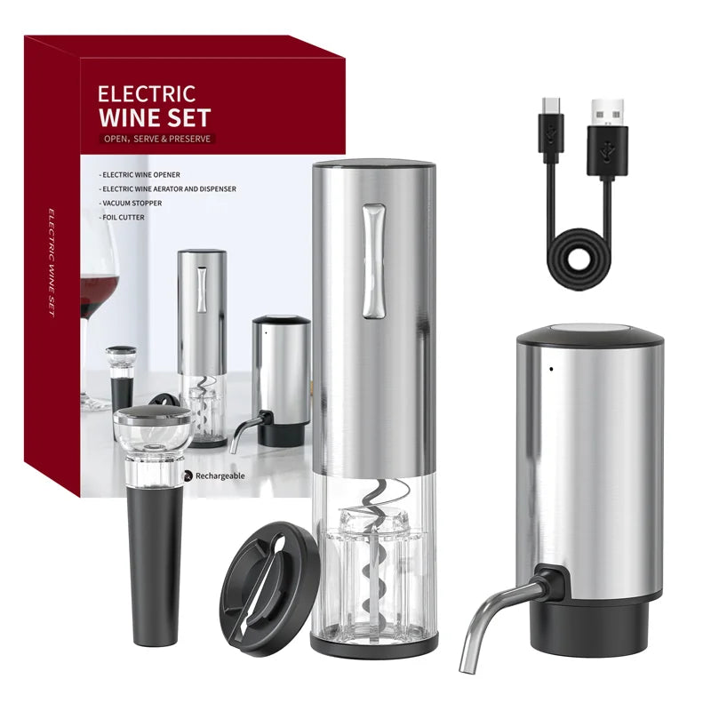 Recarregável Electric Wine Opener Set, Abridor de garrafas para amantes do vinho, Decanter and Aerator, Aço inoxidável, 4 em 1