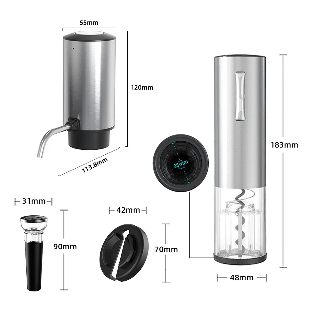 Recarregável Electric Wine Opener Set, Abridor de garrafas para amantes do vinho, Decanter and Aerator, Aço inoxidável, 4 em 1