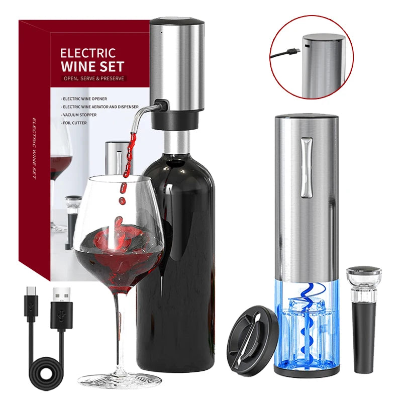 Recarregável Electric Wine Opener Set, Abridor de garrafas para amantes do vinho, Decanter and Aerator, Aço inoxidável, 4 em 1