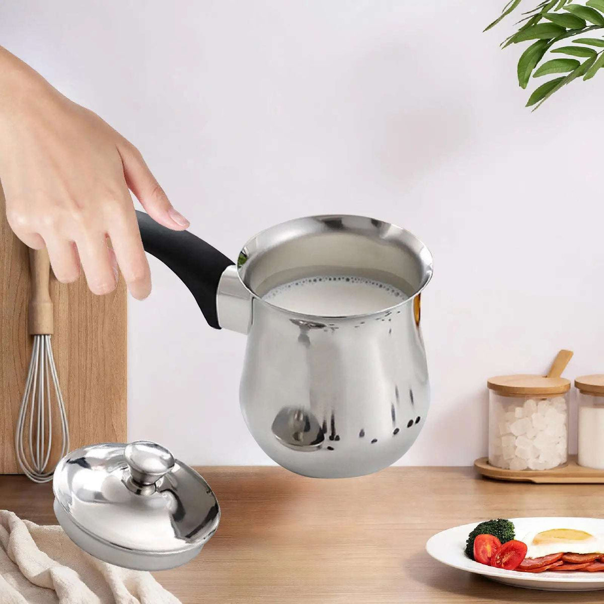 Pote de café turco de aço inoxidável, cabo longo, jarro de derretimento de manteiga de chocolate, acessórios de cozinha para barista, pote portátil para acampamento