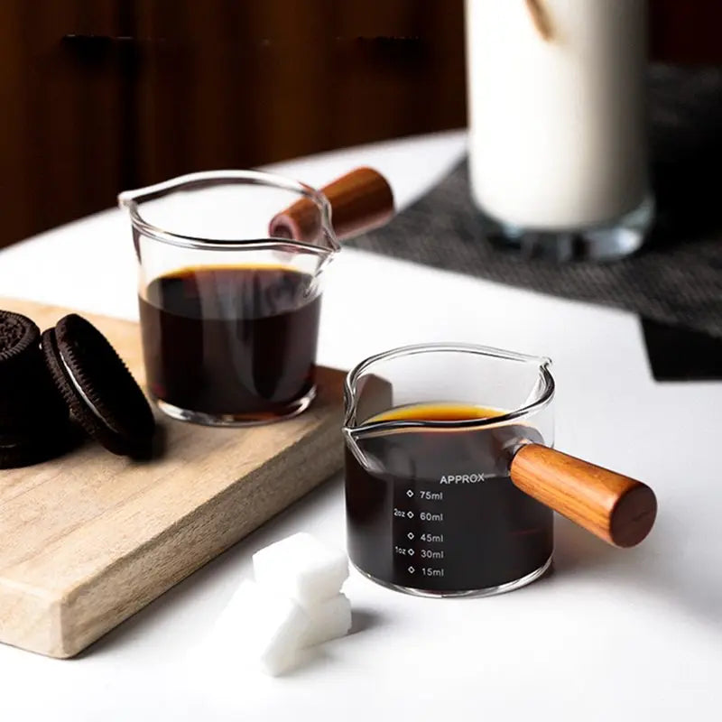 Copo Medidor Espresso com Cabo de Madeira, Dupla e Única Boca, Jarro de Leite, resistente ao calor, Café Shot Glass, Escala Medida Canecas