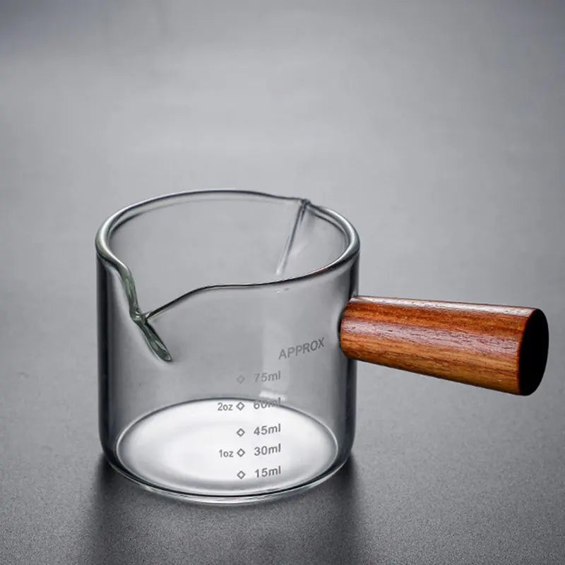 Copo Medidor Espresso com Cabo de Madeira, Dupla e Única Boca, Jarro de Leite, resistente ao calor, Café Shot Glass, Escala Medida Canecas