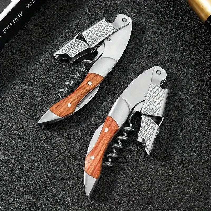 Aço inoxidável profissional vinho saca-rolhas com cabo de madeira, portátil parafuso saca-rolhas, multifunções Beer Cap garrafa, 1PC