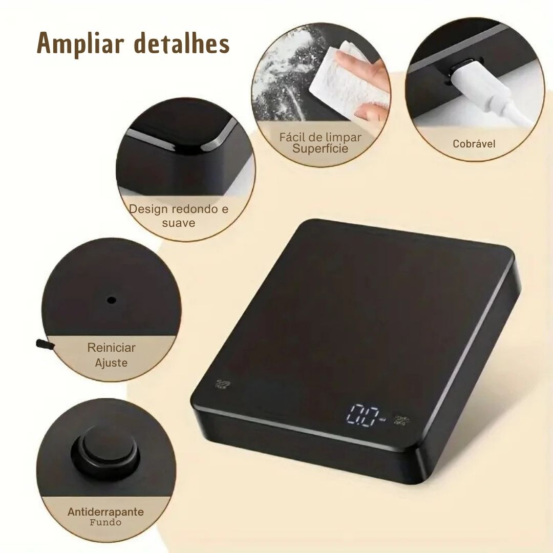 Balança de café recarregável digital com temporizador tela LED Espresso USB 3kg máx. Pesando 0,1g Medidas de alta precisão Balança de cozinha