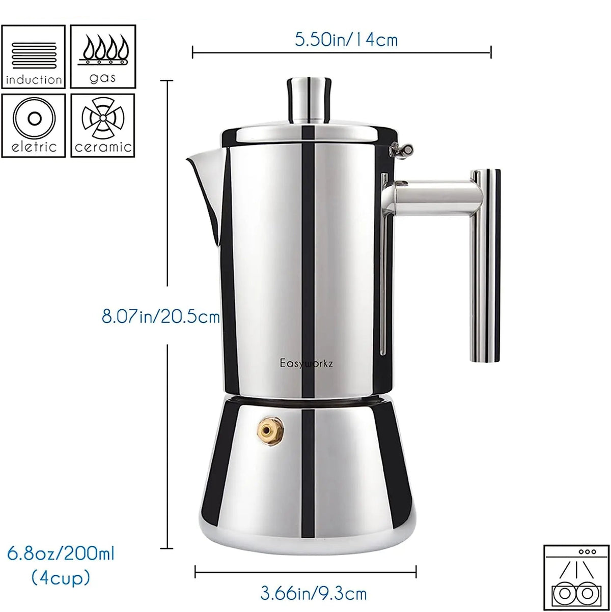 Easyworkz Diego-Stovetop Espresso Maker, Máquina De Café Italiano, Moka Pot Indução, Aço Inoxidável, 4Cup, 6.8 oz