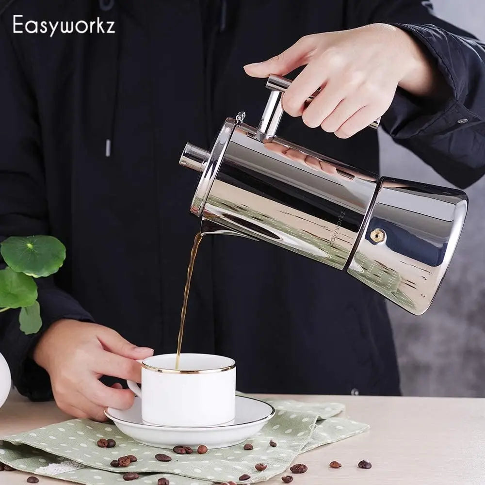 Easyworkz Diego-Stovetop Espresso Maker, Máquina De Café Italiano, Moka Pot Indução, Aço Inoxidável, 4Cup, 6.8 oz