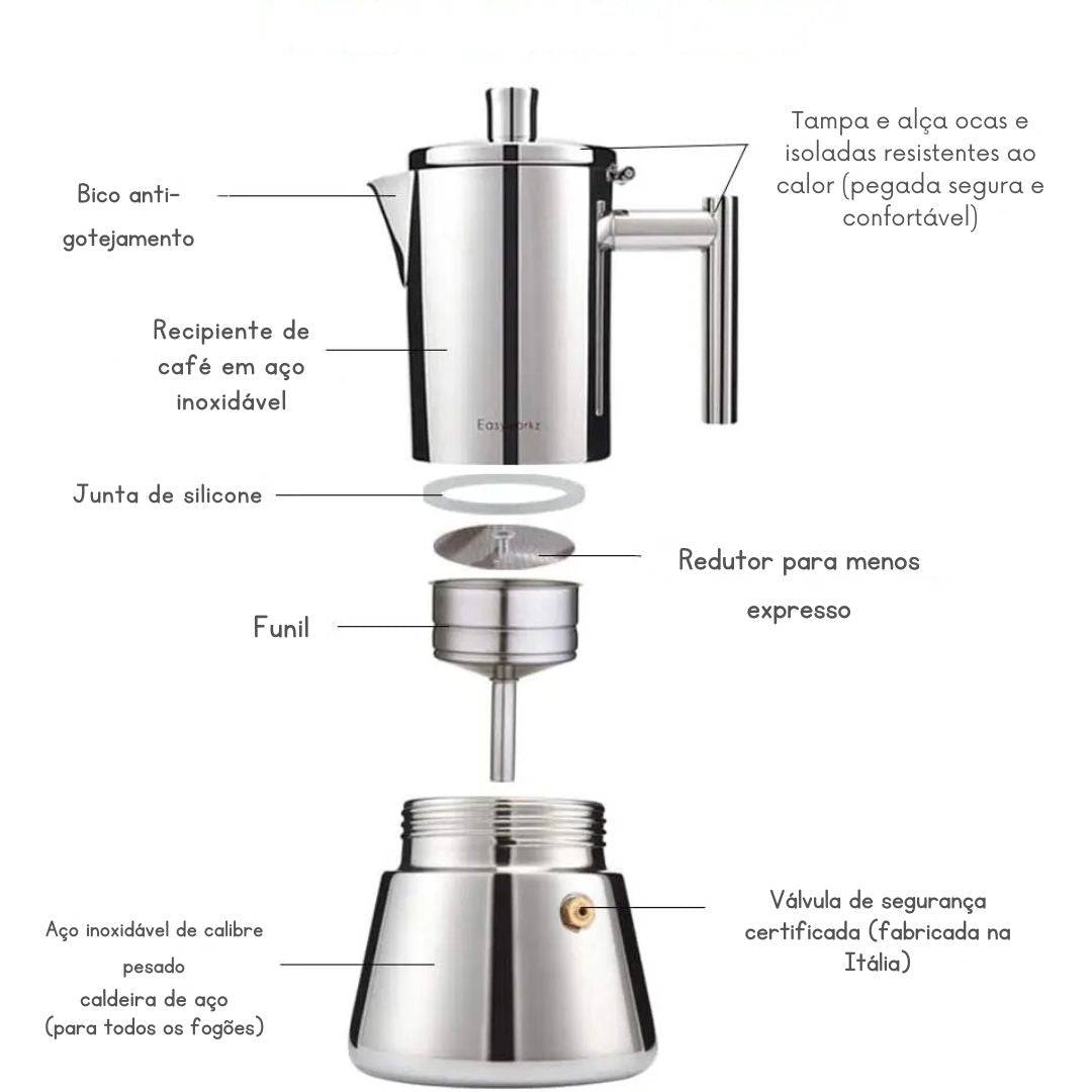 Easyworkz Diego-Stovetop Espresso Maker, Máquina De Café Italiano, Moka Pot Indução, Aço Inoxidável, 4Cup, 6.8 oz
