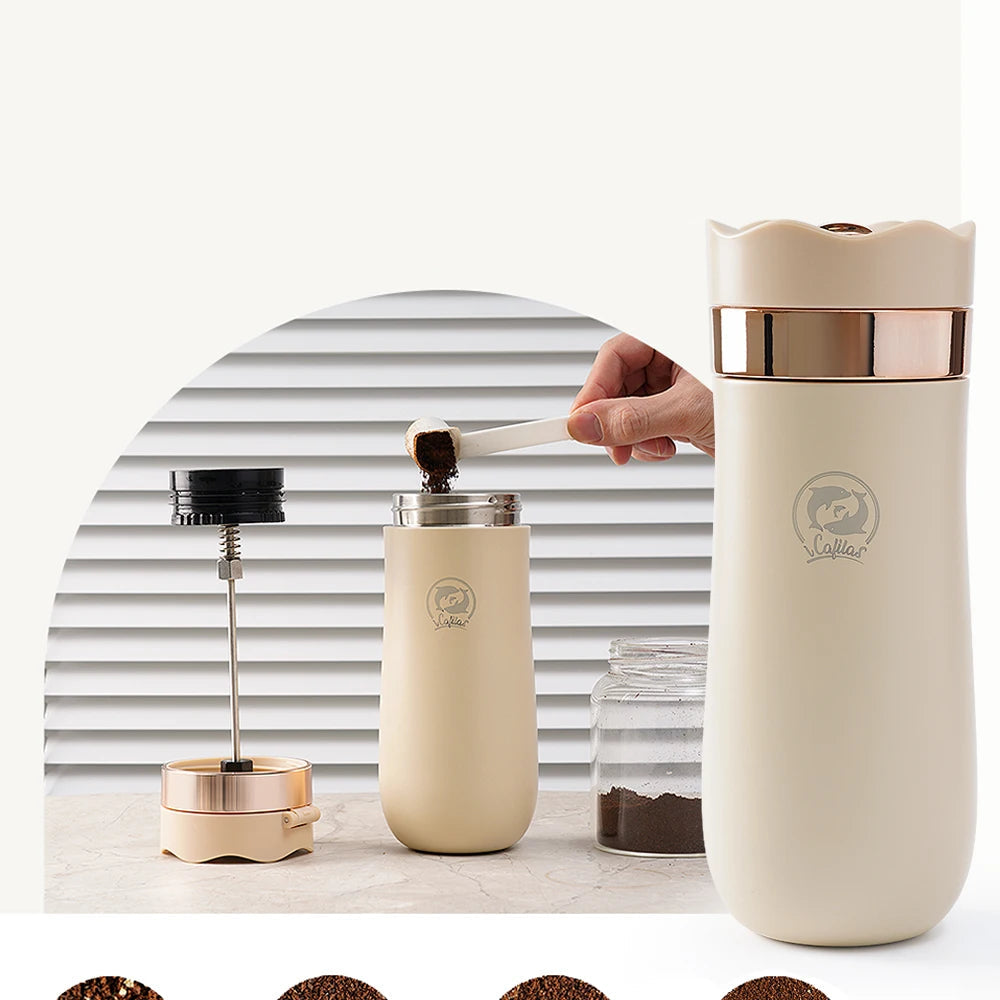 Cafeteira de viagem francesa portátil, Caneca isolada de chá em aço inoxidável, Cafeteira de parede dupla, 320ml