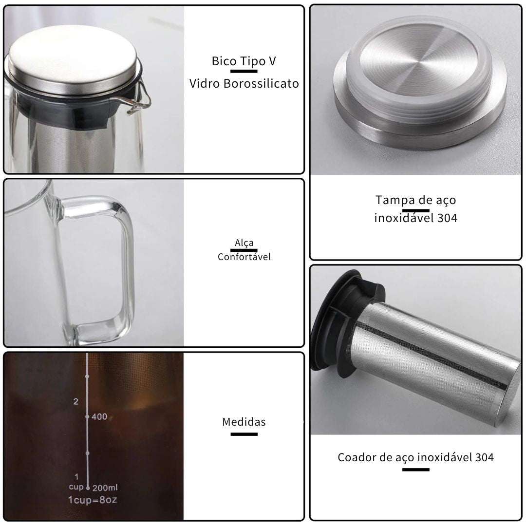 Leeseph Hermético Cold Brew e Cafeteira Gelada Infusor de Chá Garrafa De Vidro Com Filtro De Aço Inoxidável Removível, 1.0L, 34oz