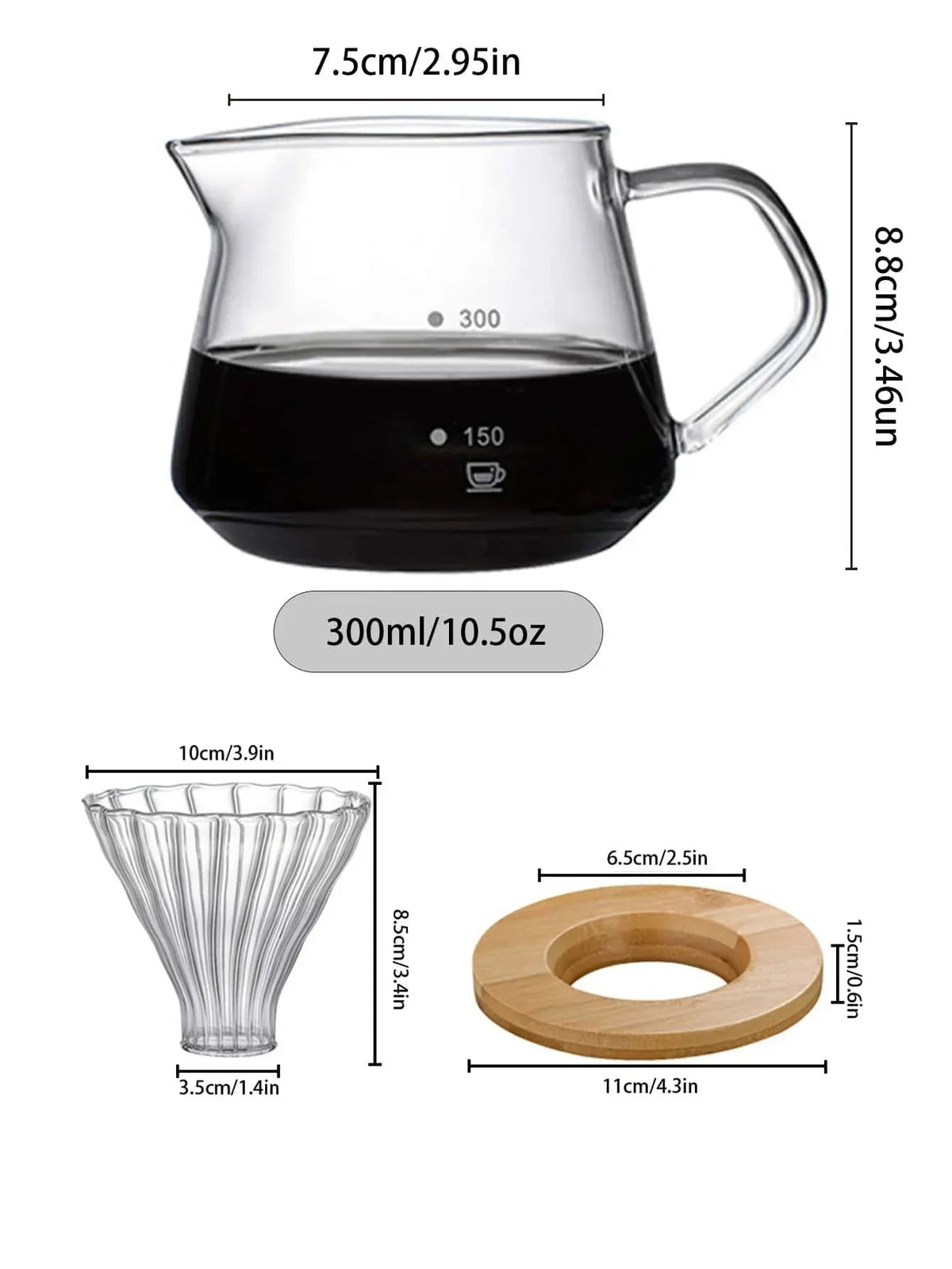 Despeje Sobre Conjunto De Cafeteira, Garrafa De Vidro Com Filtro, Gotejamento Cafeteira para Casa ou Escritório, 600ml, 300ml
