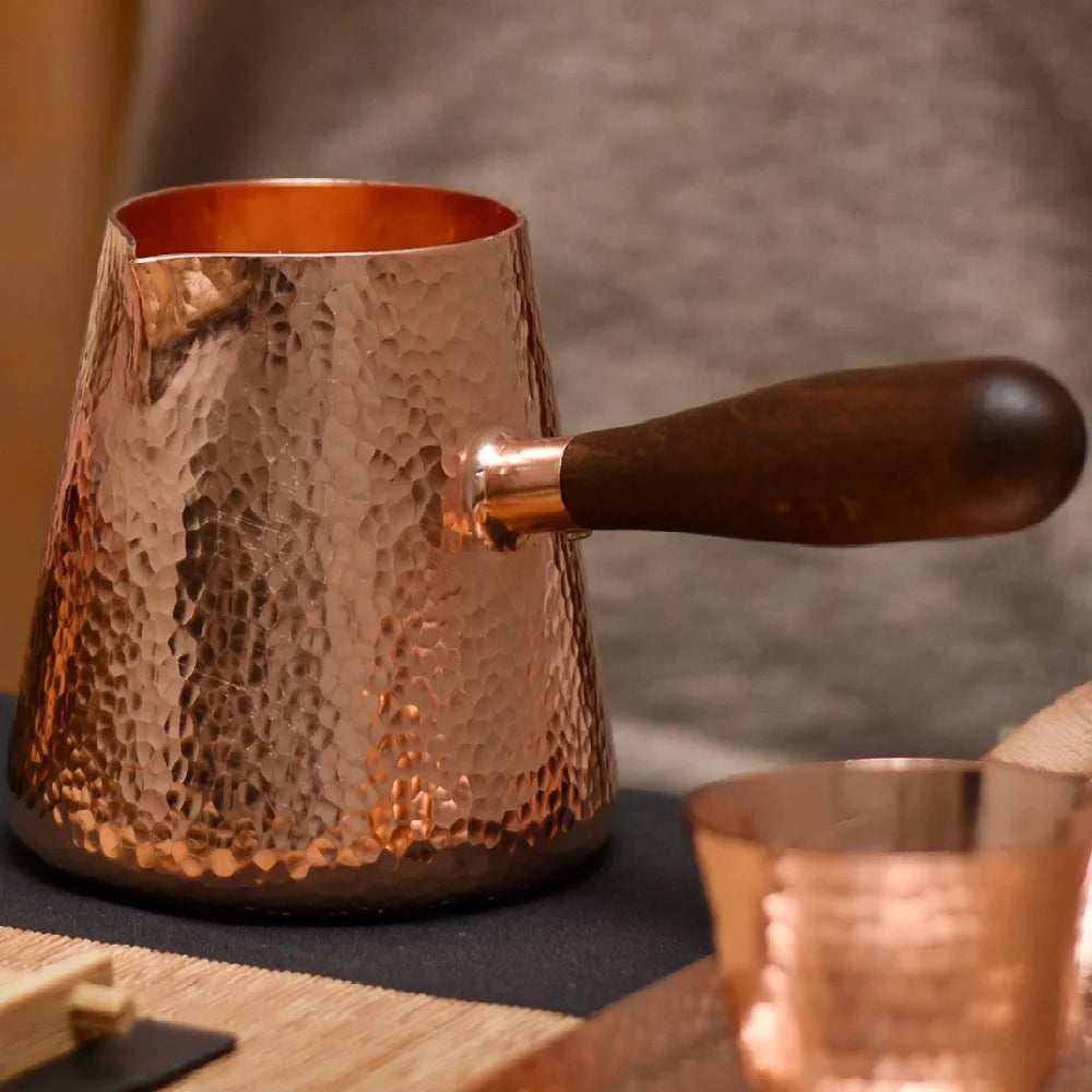 Handmade Turco Grego e Árabe Coffee Pot com Cabo De Madeira, Ibrik Leite Jarro, Handmade Jarro, Cobre Puro, Cafeteira, 1Pc