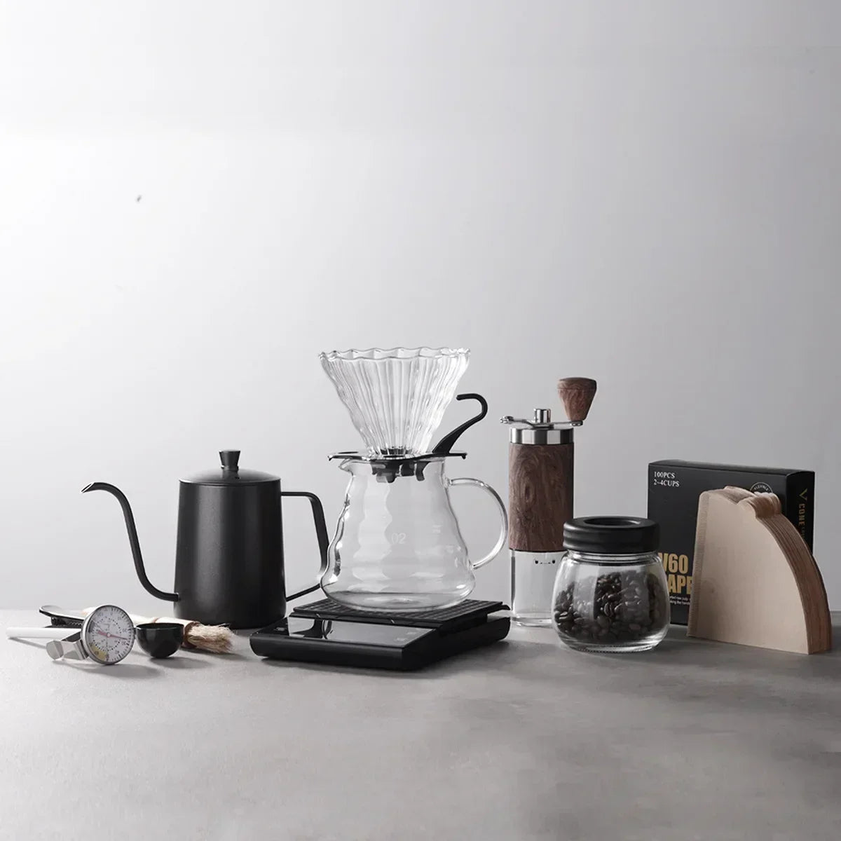 Pour Over Coffee Pot Set com caixa de presente, moedor de feijão, chaleira gotejamento de água quente, viagens ao ar livre, Wilderness Kit, 4-10Pcs