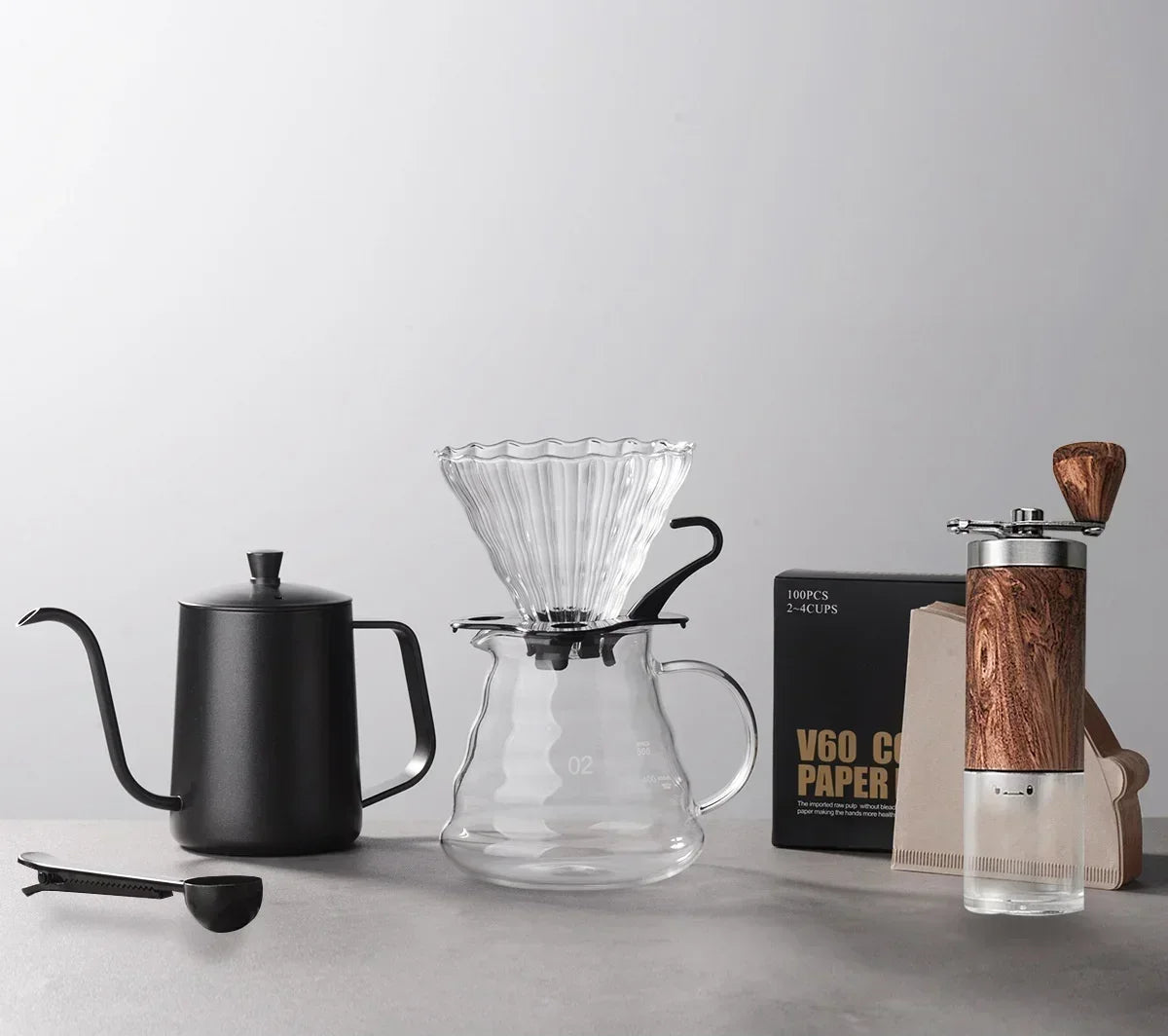 Pour Over Coffee Pot Set com caixa de presente, moedor de feijão, chaleira gotejamento de água quente, viagens ao ar livre, Wilderness Kit, 4-10Pcs