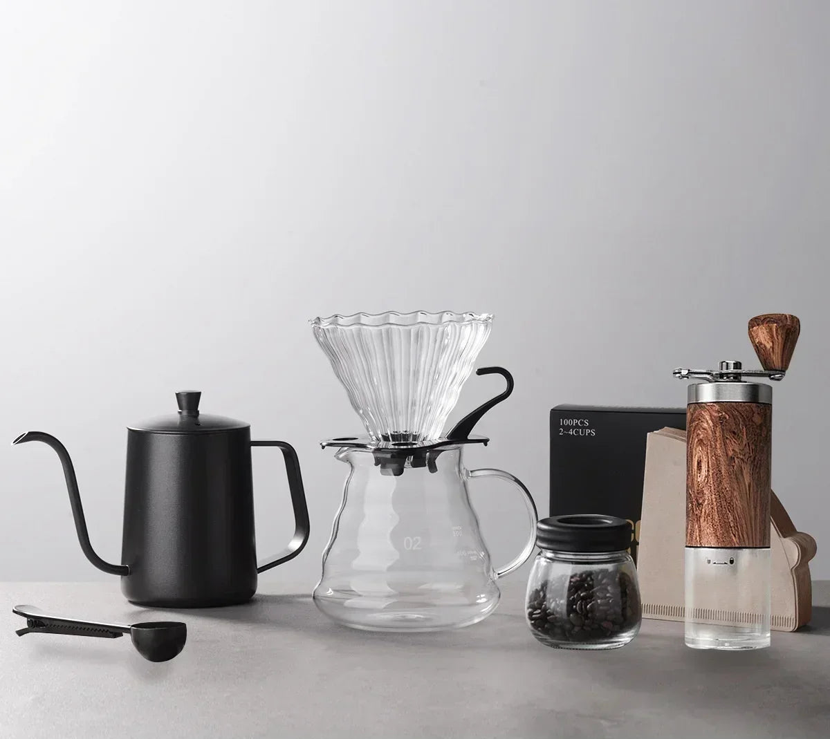 Pour Over Coffee Pot Set com caixa de presente, moedor de feijão, chaleira gotejamento de água quente, viagens ao ar livre, Wilderness Kit, 4-10Pcs