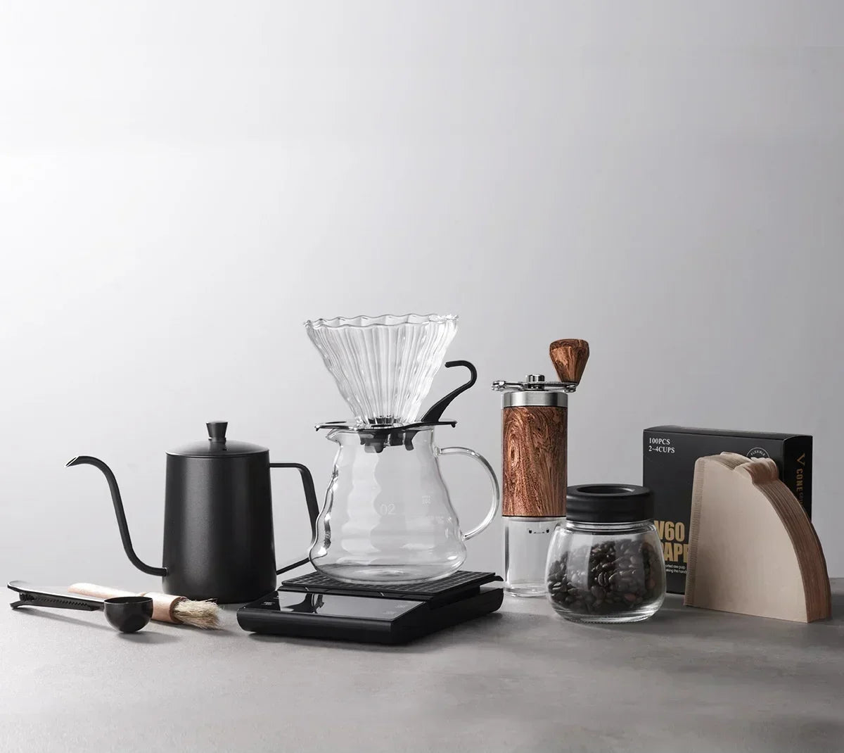 Pour Over Coffee Pot Set com caixa de presente, moedor de feijão, chaleira gotejamento de água quente, viagens ao ar livre, Wilderness Kit, 4-10Pcs