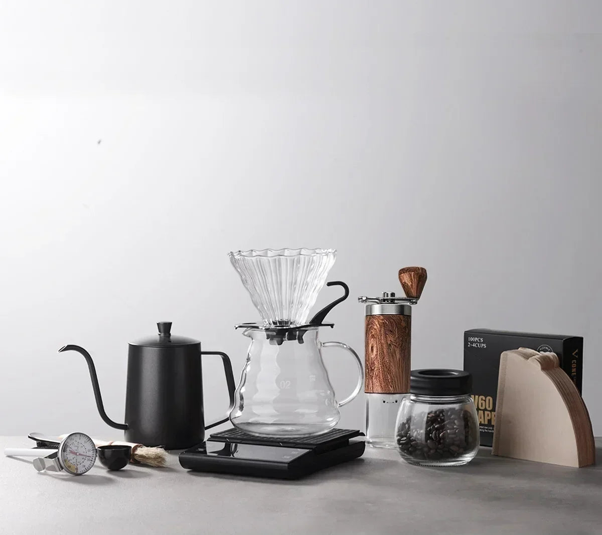 Pour Over Coffee Pot Set com caixa de presente, moedor de feijão, chaleira gotejamento de água quente, viagens ao ar livre, Wilderness Kit, 4-10Pcs