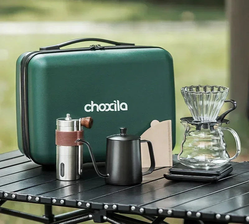 Coffee Pot Set com caixa de presente, Pour Over Coffee Sets, Bean Grinder, Chaleira de gotejamento de água quente, Viagem ao ar livre Kit Wilderness, 4-8Pcs