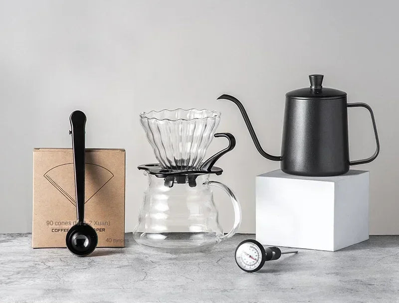 Coffee Pot Set com caixa de presente, Pour Over Coffee Sets, Bean Grinder, Chaleira de gotejamento de água quente, Viagem ao ar livre Kit Wilderness, 4-8Pcs