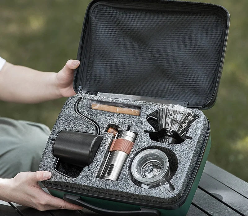 Coffee Pot Set com caixa de presente, Pour Over Coffee Sets, Bean Grinder, Chaleira de gotejamento de água quente, Viagem ao ar livre Kit Wilderness, 4-8Pcs