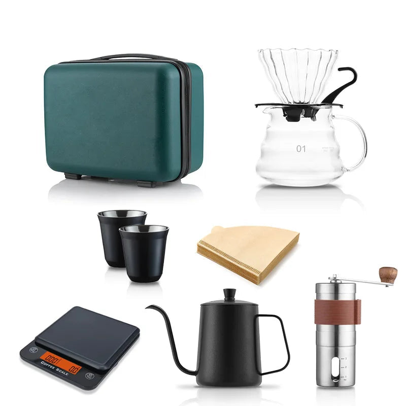 Coffee Pot Set com caixa de presente, Pour Over Coffee Sets, Bean Grinder, Chaleira de gotejamento de água quente, Viagem ao ar livre Kit Wilderness, 4-8Pcs