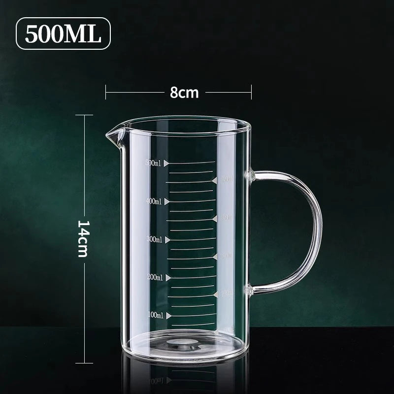 Copo de medição de vidro resistente ao calor com alça, Copo de laboratório, Caneca de medição de leite e café, 250 ml, 350 ml, 500 ml, 1000ml, 1 Pc, 2Pcs