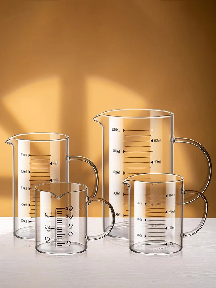 Copo de medição de vidro resistente ao calor com alça, Copo de laboratório, Caneca de medição de leite e café, 250 ml, 350 ml, 500 ml, 1000ml, 1 Pc, 2Pcs