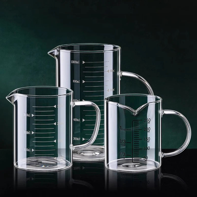 Copo de medição de vidro resistente ao calor com alça, Copo de laboratório, Caneca de medição de leite e café, 250 ml, 350 ml, 500 ml, 1000ml, 1 Pc, 2Pcs