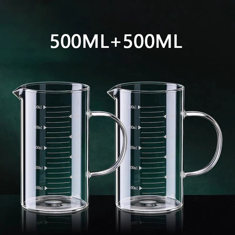 Copo de medição de vidro resistente ao calor com alça, Copo de laboratório, Caneca de medição de leite e café, 250 ml, 350 ml, 500 ml, 1000ml, 1 Pc, 2Pcs