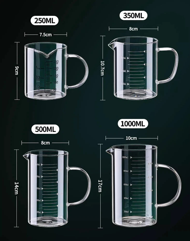 Copo de medição de vidro resistente ao calor com alça, Copo de laboratório, Caneca de medição de leite e café, 250 ml, 350 ml, 500 ml, 1000ml, 1 Pc, 2Pcs