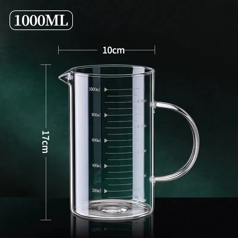 Copo de medição de vidro resistente ao calor com alça, Copo de laboratório, Caneca de medição de leite e café, 250 ml, 350 ml, 500 ml, 1000ml, 1 Pc, 2Pcs