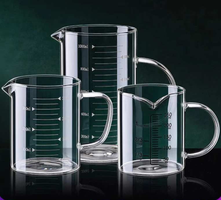 Copo de medição de vidro resistente ao calor com alça, Copo de laboratório, Caneca de medição de leite e café, 250 ml, 350 ml, 500 ml, 1000ml, 1 Pc, 2Pcs
