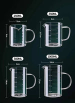 Copo de medição de vidro resistente ao calor com alça, Copo de laboratório, Caneca de medição de leite e café, 250 ml, 350 ml, 500 ml, 1000ml, 1 Pc, 2Pcs
