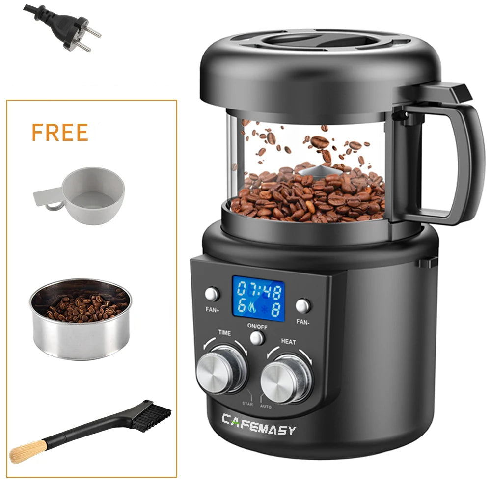 CAFEMASY 80-100g Torrador de café doméstico elétrico Mini sem fumaça Máquina de torrefação de grãos de café 110-240V Torrador de grãos de café
