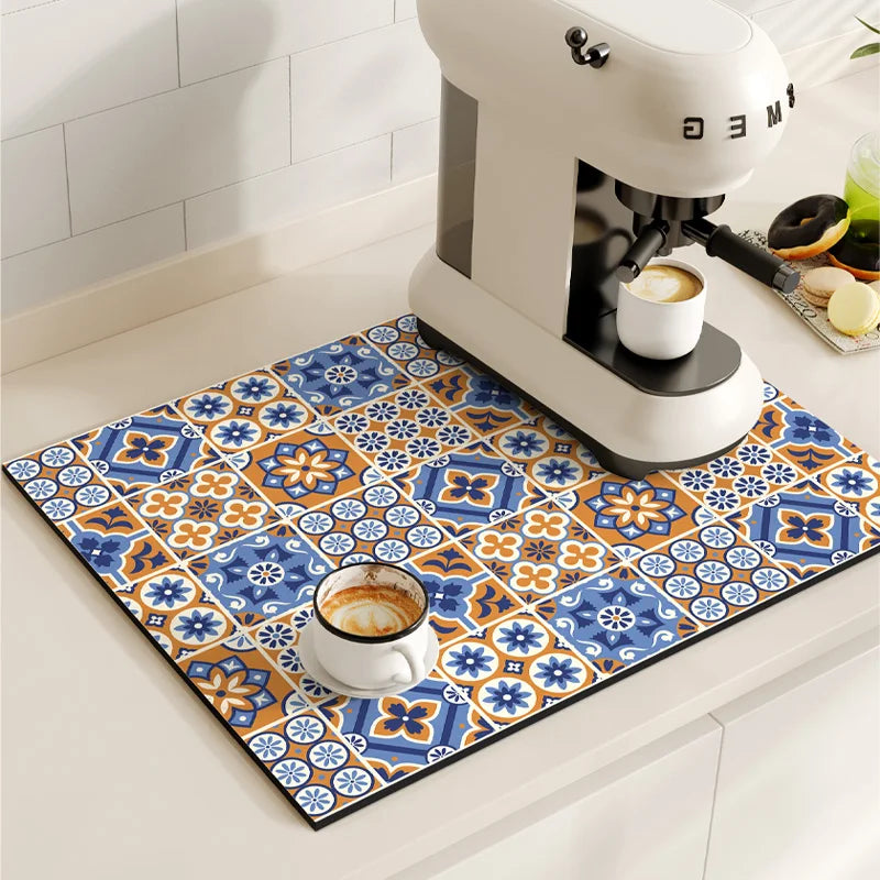 Tapetes de secagem a prato impermeável, máquina de café Mat, Quick Drain Pad, Louça antiderrapante Drenagem Placemat, Tapete Cozinha Retro