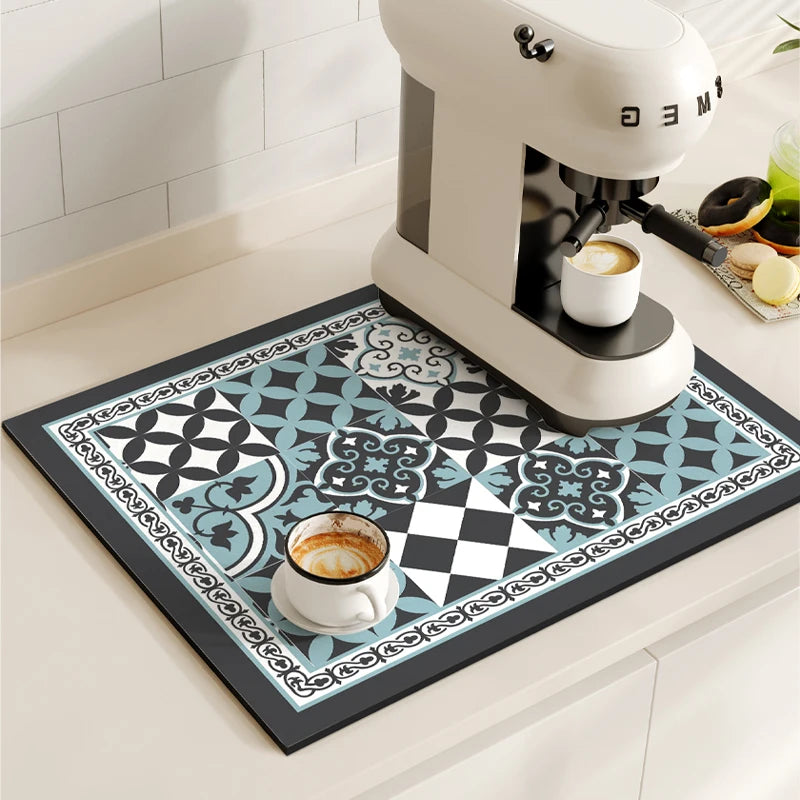 Tapetes de secagem a prato impermeável, máquina de café Mat, Quick Drain Pad, Louça antiderrapante Drenagem Placemat, Tapete Cozinha Retro