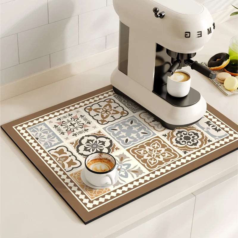 Tapetes de secagem a prato impermeável, máquina de café Mat, Quick Drain Pad, Louça antiderrapante Drenagem Placemat, Tapete Cozinha Retro