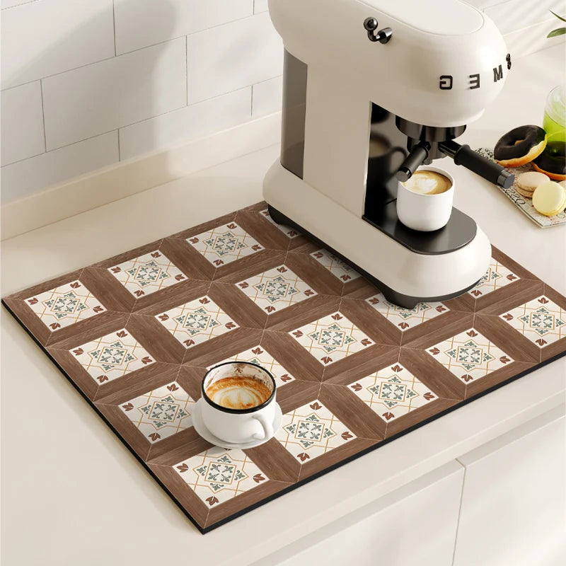 Tapetes de secagem a prato impermeável, máquina de café Mat, Quick Drain Pad, Louça antiderrapante Drenagem Placemat, Tapete Cozinha Retro