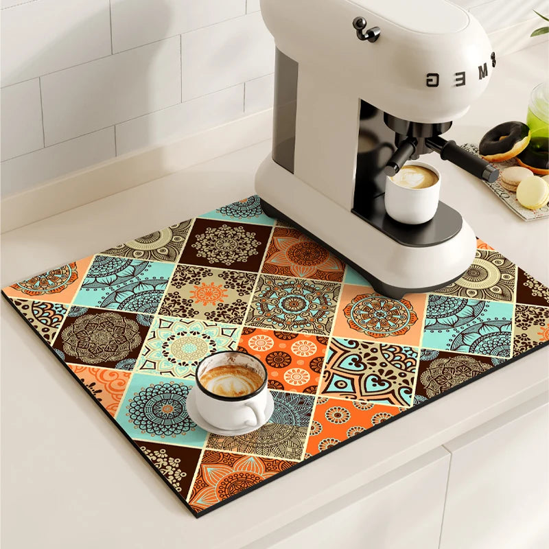 Tapetes de secagem a prato impermeável, máquina de café Mat, Quick Drain Pad, Louça antiderrapante Drenagem Placemat, Tapete Cozinha Retro