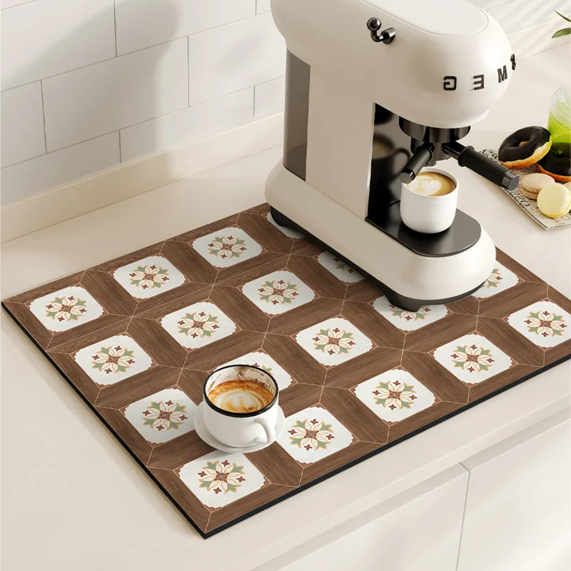 Tapetes de secagem a prato impermeável, máquina de café Mat, Quick Drain Pad, Louça antiderrapante Drenagem Placemat, Tapete Cozinha Retro