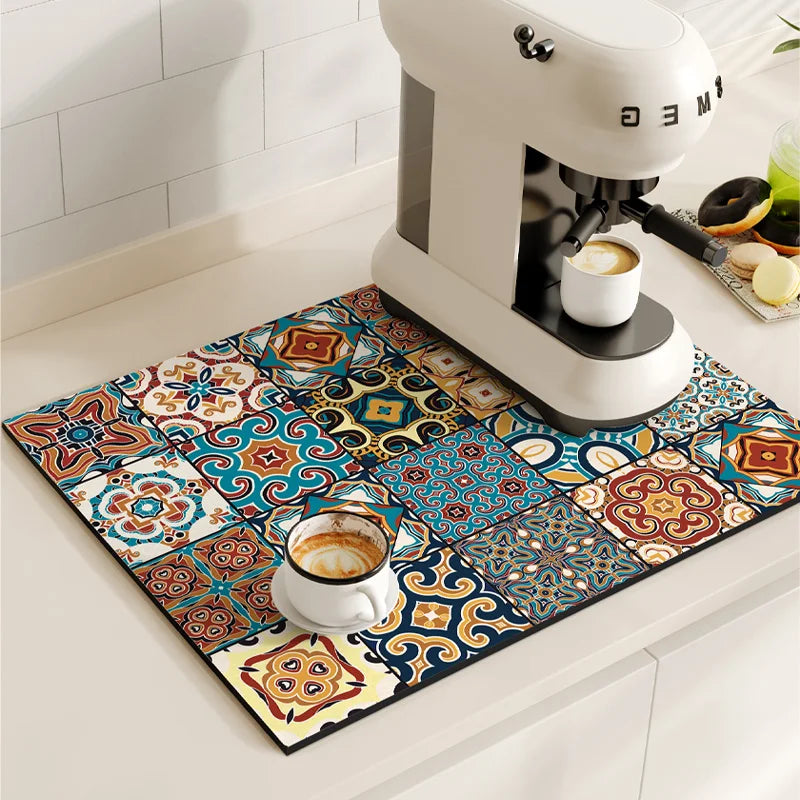 Tapetes de secagem a prato impermeável, máquina de café Mat, Quick Drain Pad, Louça antiderrapante Drenagem Placemat, Tapete Cozinha Retro