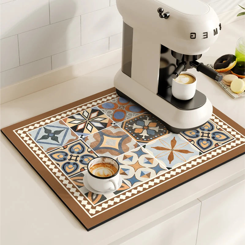 Tapetes de secagem a prato impermeável, máquina de café Mat, Quick Drain Pad, Louça antiderrapante Drenagem Placemat, Tapete Cozinha Retro