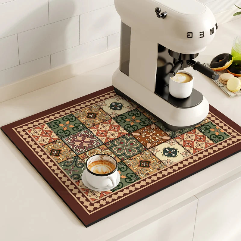 Tapetes de secagem a prato impermeável, máquina de café Mat, Quick Drain Pad, Louça antiderrapante Drenagem Placemat, Tapete Cozinha Retro