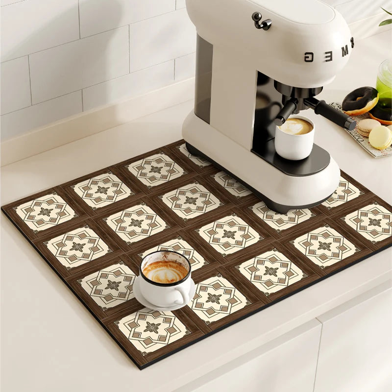 Tapetes de secagem a prato impermeável, máquina de café Mat, Quick Drain Pad, Louça antiderrapante Drenagem Placemat, Tapete Cozinha Retro