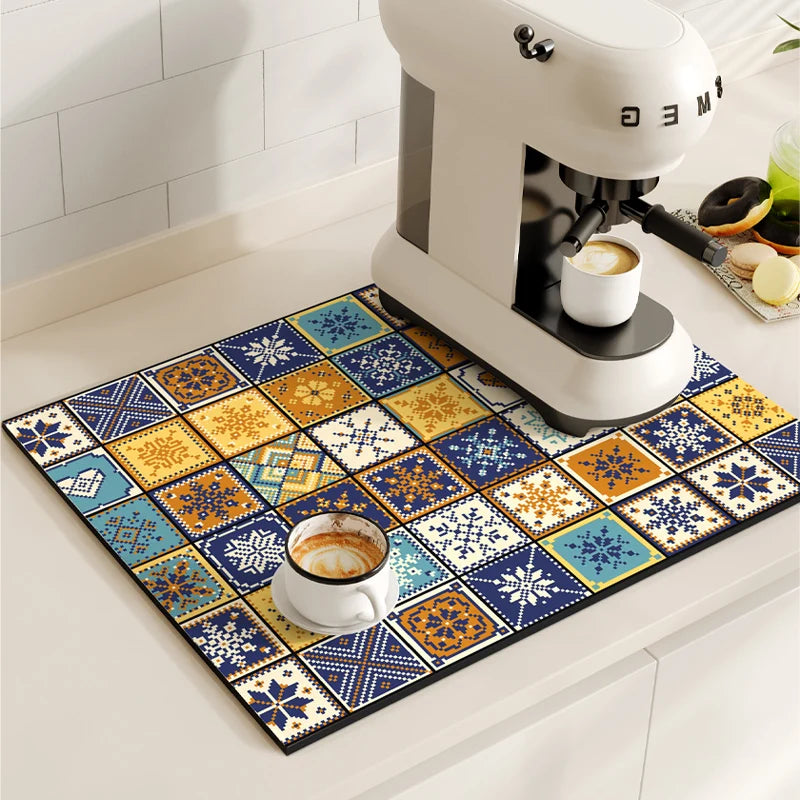 Tapetes de secagem a prato impermeável, máquina de café Mat, Quick Drain Pad, Louça antiderrapante Drenagem Placemat, Tapete Cozinha Retro