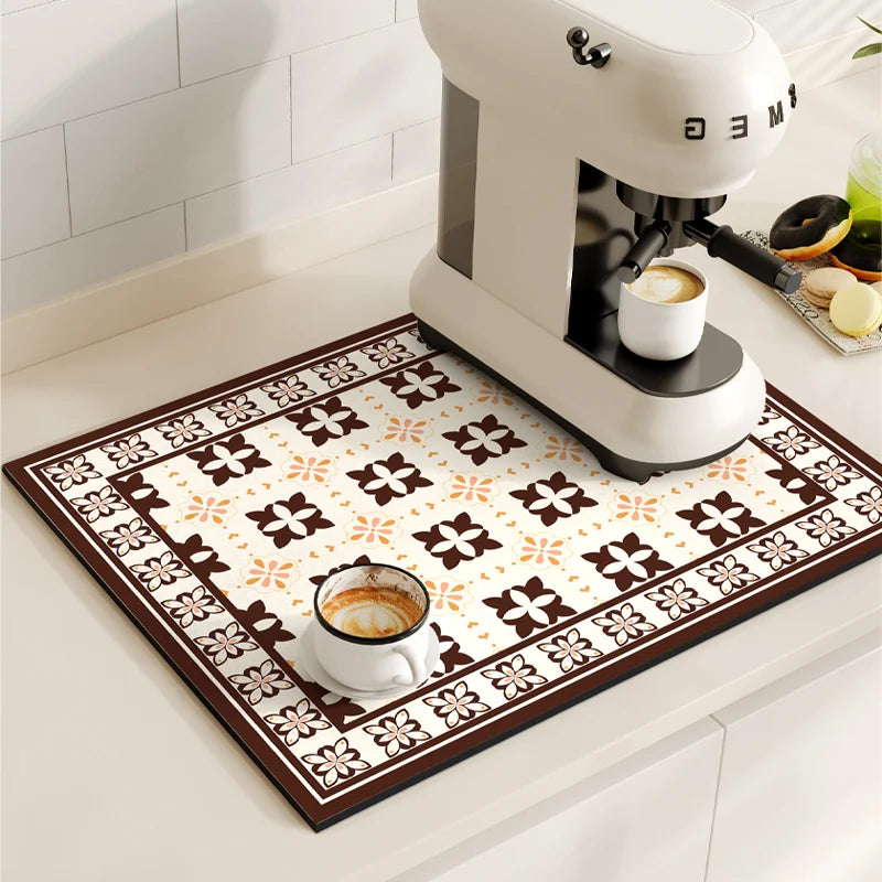Tapetes de secagem a prato impermeável, máquina de café Mat, Quick Drain Pad, Louça antiderrapante Drenagem Placemat, Tapete Cozinha Retro