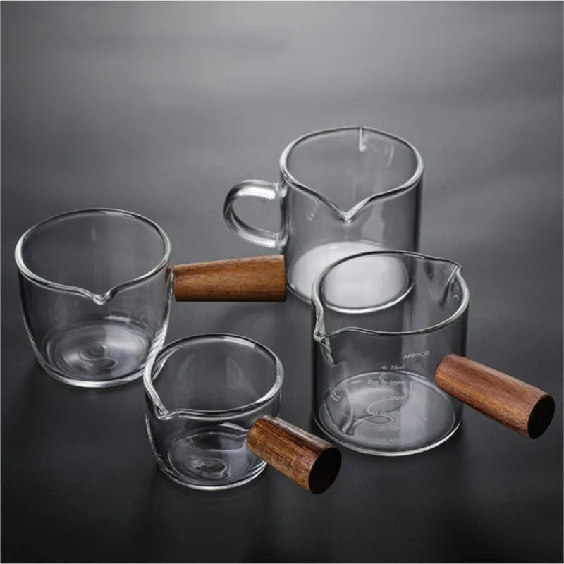 Copo medidor de café expresso com cabo de madeira, copo de café transparente, resistente ao calor, jarro de leite retrô, bicos duplos e individuais, 50 ml, 75 ml, 100ml