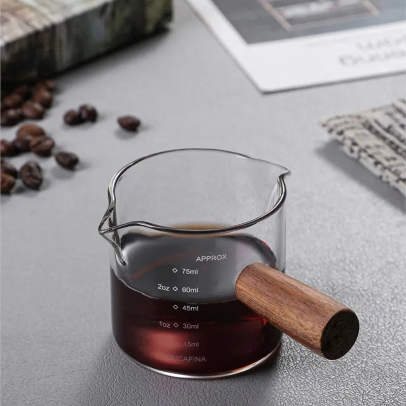 Copo medidor de café expresso com cabo de madeira, copo de café transparente, resistente ao calor, jarro de leite retrô, bicos duplos e individuais, 50 ml, 75 ml, 100ml